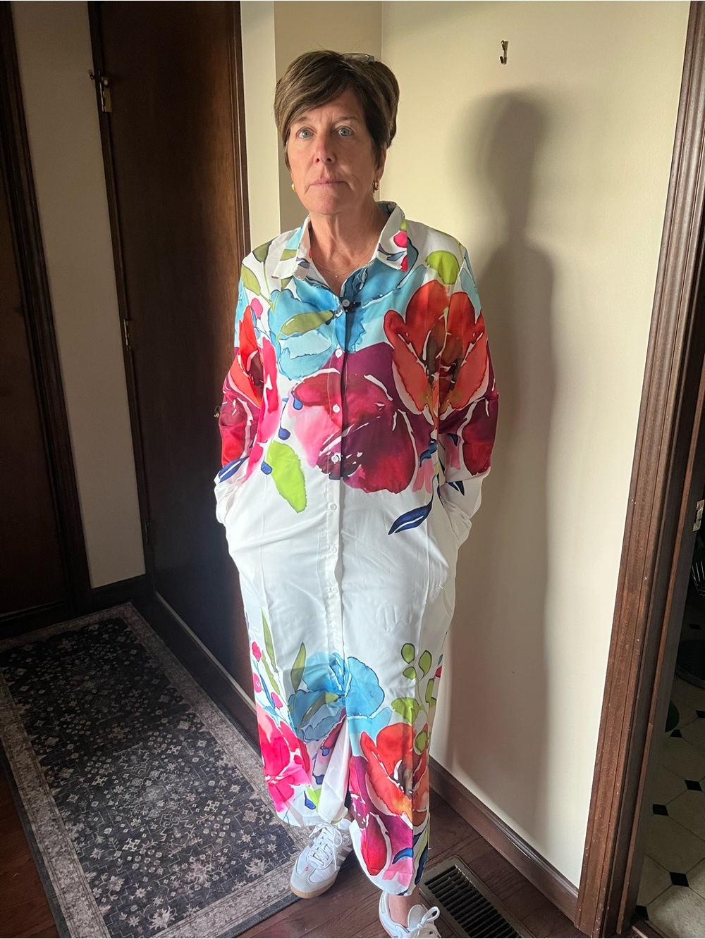 White Maxi Shirt Dress with Bold Floral Print